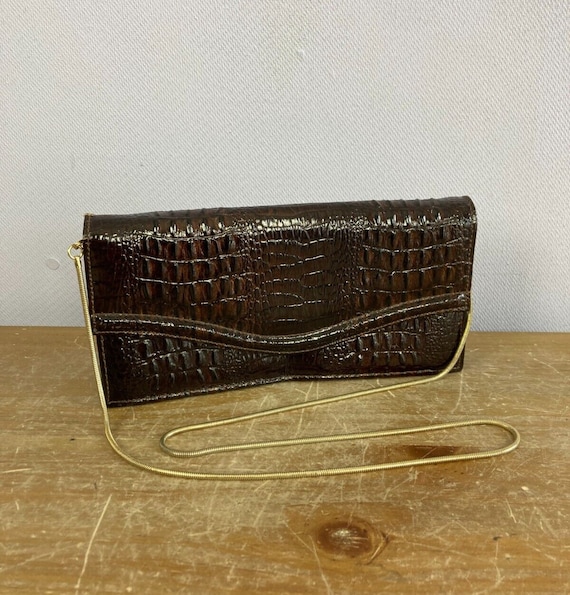 Vintage Mock Croc Brown Leather Handbag Shoulder … - image 1