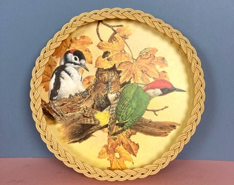 Vintage Melamine Serving Drinks Tray with Wicker Sides, British Birds, Round