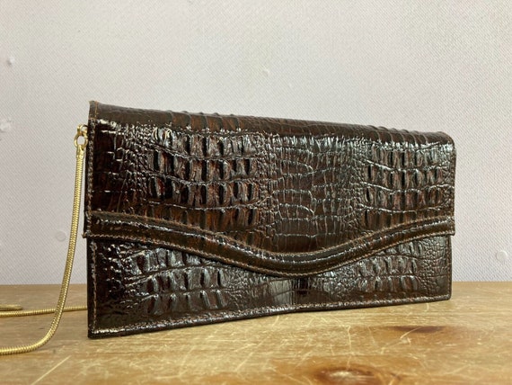 Vintage Mock Croc Brown Leather Handbag Shoulder … - image 5