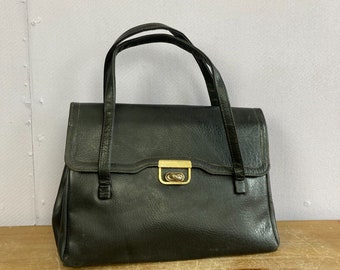 vintage Sac à main en cuir noir des années 1970 avec poignée supérieure Carrière de tous les jours, plusieurs poches