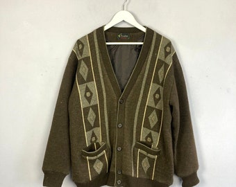 Vintage Wool Cardigan Jacket, Brown, Button Front, Pockets, 70s, 80s, Size XL