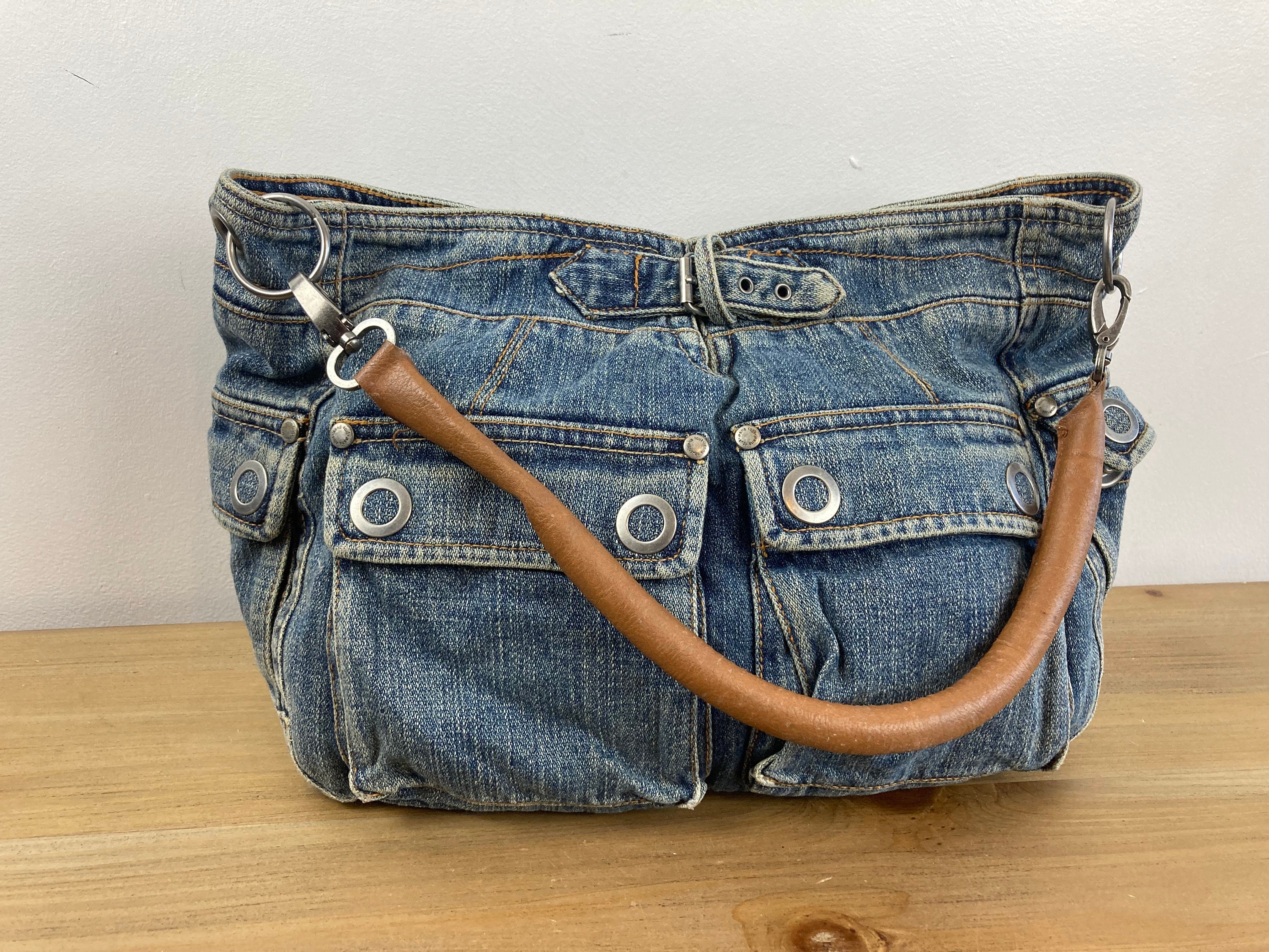 Vintage 90s Denim Bag, Shoulder Bag, FCUK Jeans, Y2k, Leather Strap