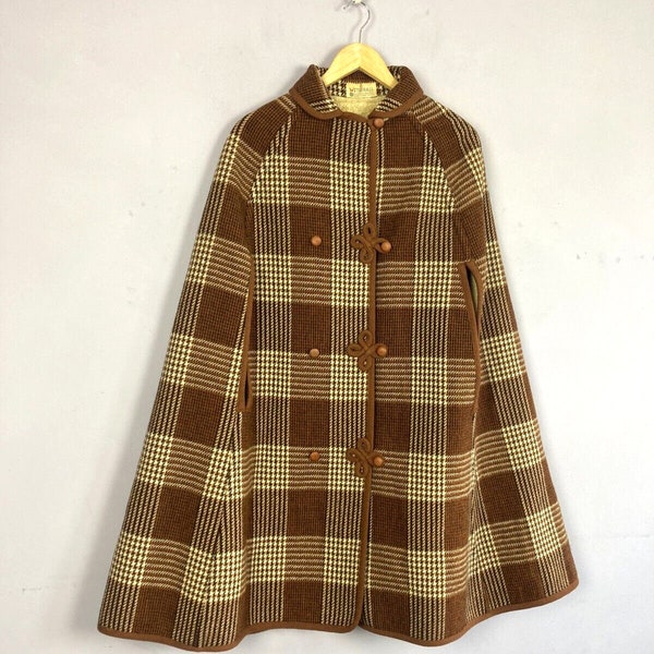 Vintage Wetherall Wool Cape, Poncho, Brown Check, Unisex, Fleece Lined, M-L, 70s