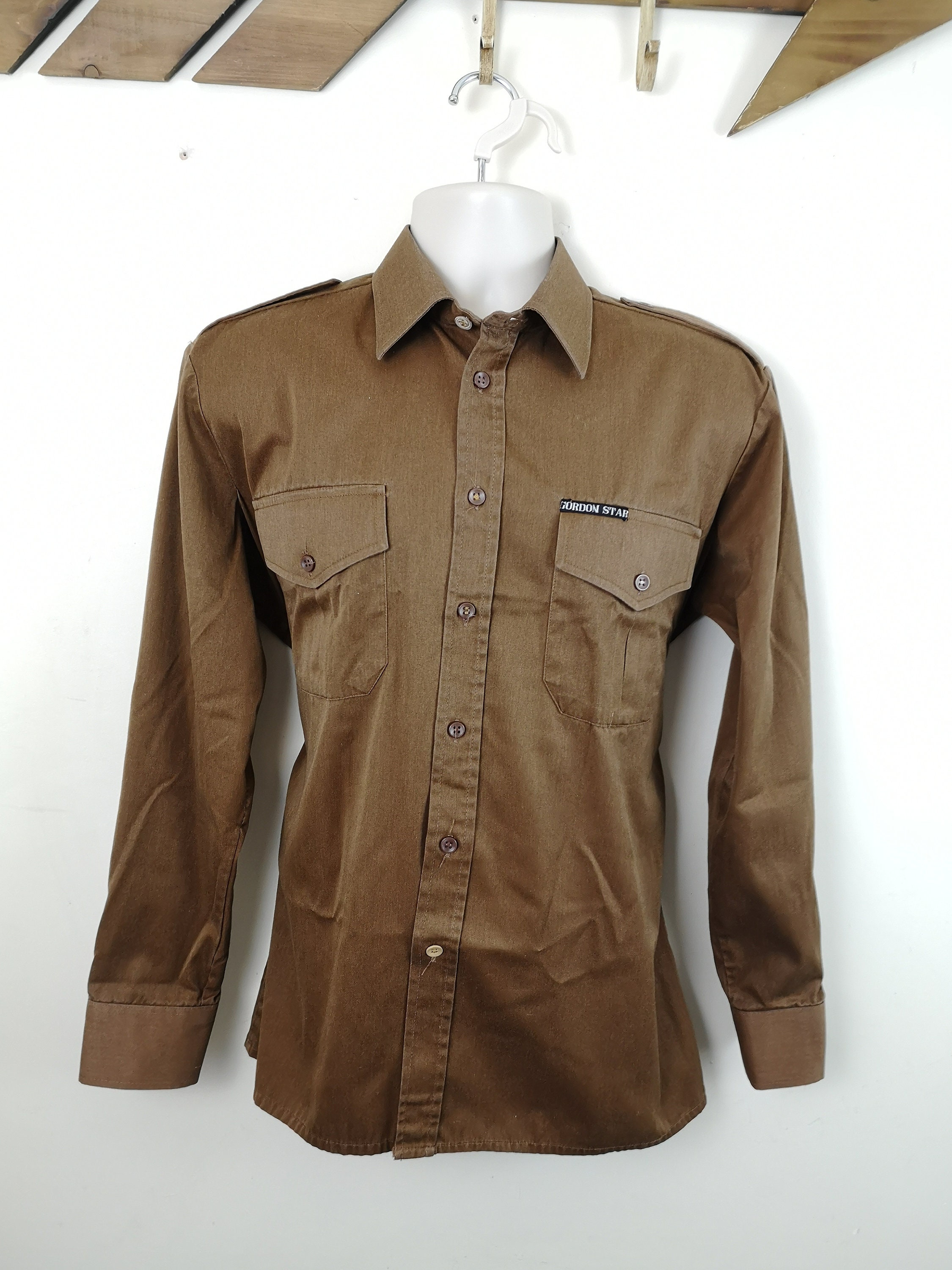 Image of 70S Vintage Men's Shirt. Brown. Epaulettes. 44 In. Military