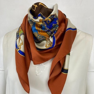 Vintage Square Neck Scarf Head Scarf Brown Equestrian 80s Chic Country