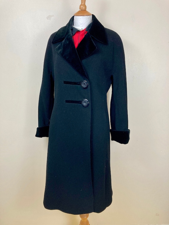 Vintage Black Wool Pea Coat. Duster. Velvet Collar