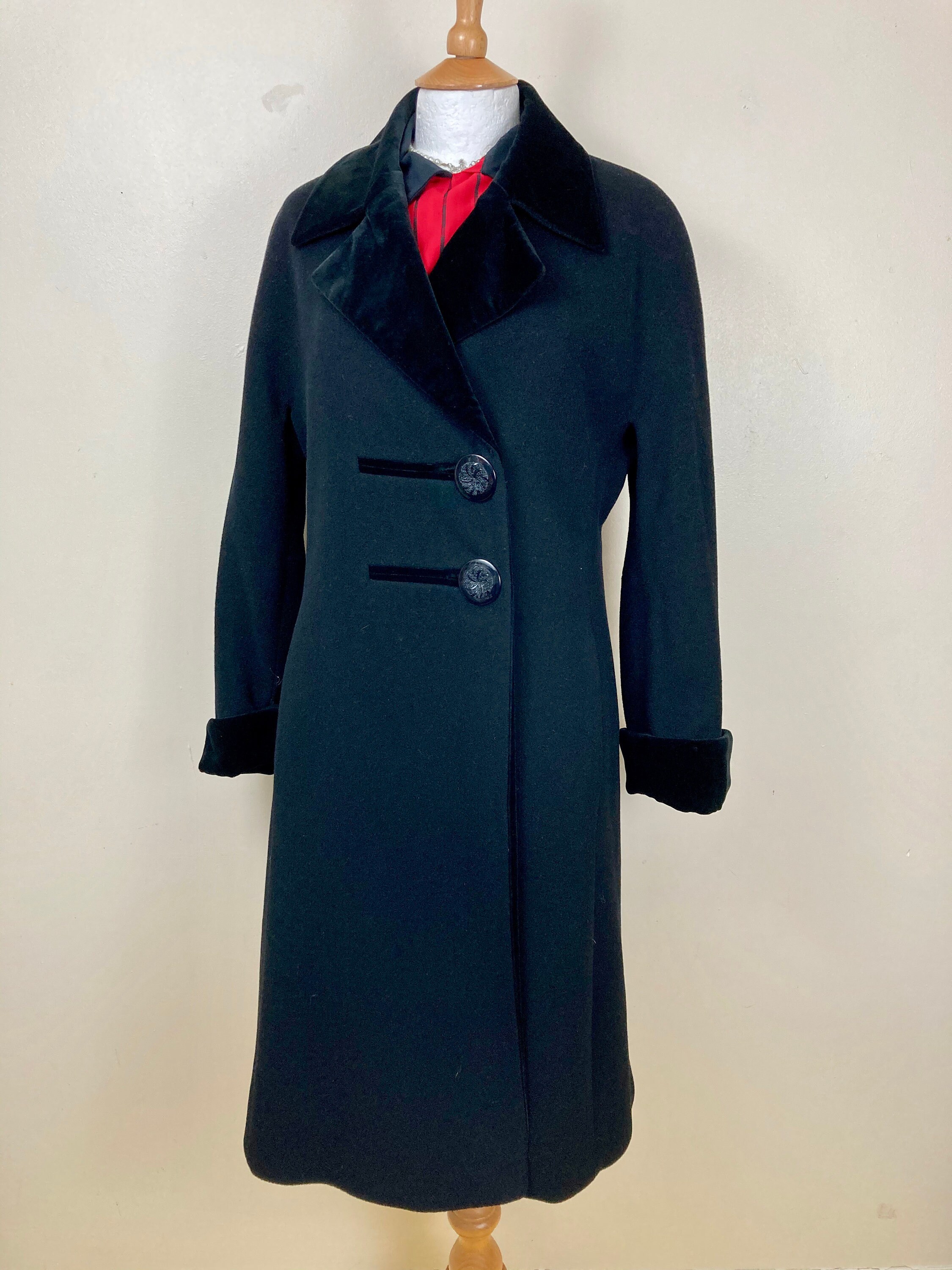 Image of Vintage Black Wool Pea Coat. Duster. Velvet Collar. Uk -. Oversized Buttons