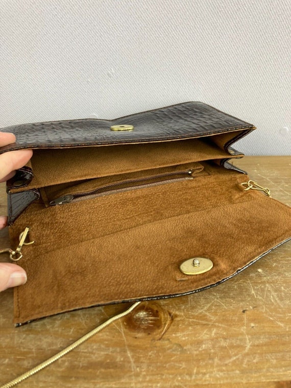 Vintage Mock Croc Brown Leather Handbag Shoulder … - image 6