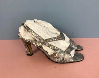 Vintage Silver Sandals, Snakeskin, Strappy, High Heel, Party, Disco, 90s