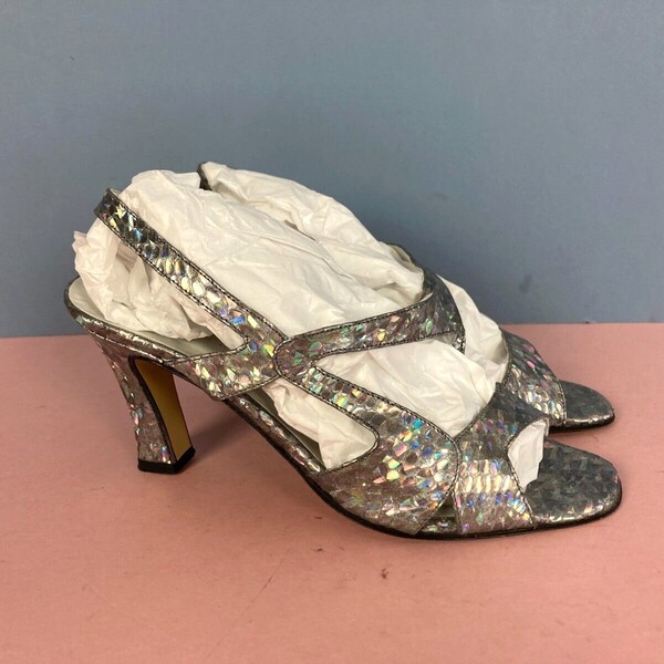 Vintage Silver Sandals, Snakeskin, Strappy, High Heel, Party, Disco, 90s