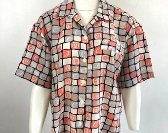 Vintage Shirt Bluse, 80er Jahre, Oversized, Kurzarm, Kariert, Silky Feel, UK 16