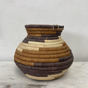 Vintage Hand Woven Coil Vase Basket Brown Boho Round Folk Art