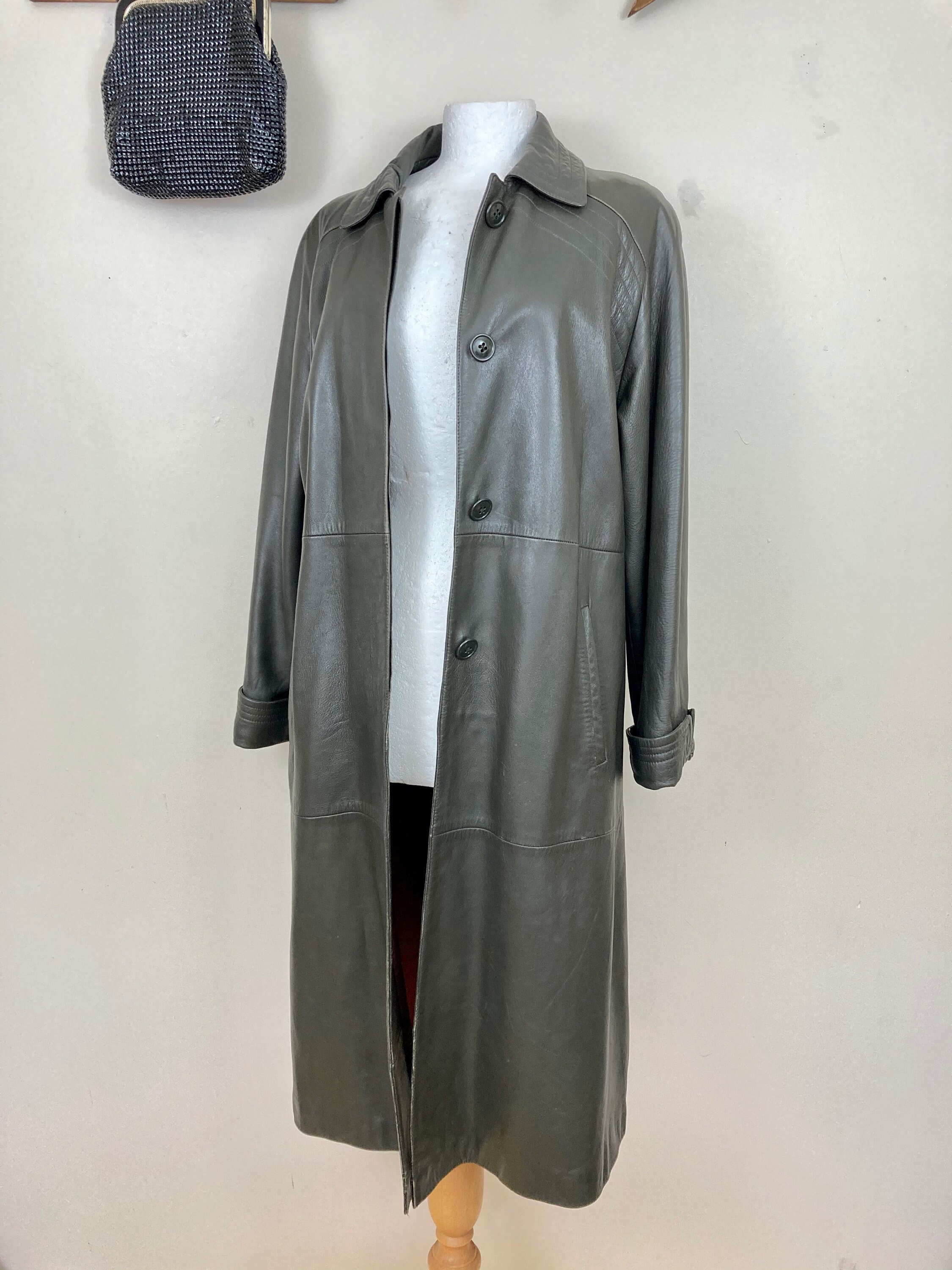 Image of S Vintage Green Leather Coat. Long Length. Uk . Trench. Grunge. Emo