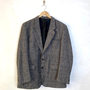 Wool Tweed Blazer Blue Black Herringbone Mens M-L Country Gent Vintage