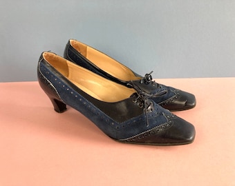 Vintage Low Heel Shoes, Blue, UK5.5, Square Toe, Brogues, 60s,70s