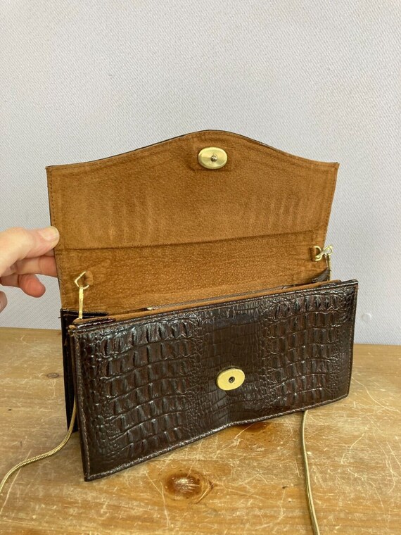 Vintage Mock Croc Brown Leather Handbag Shoulder … - image 7