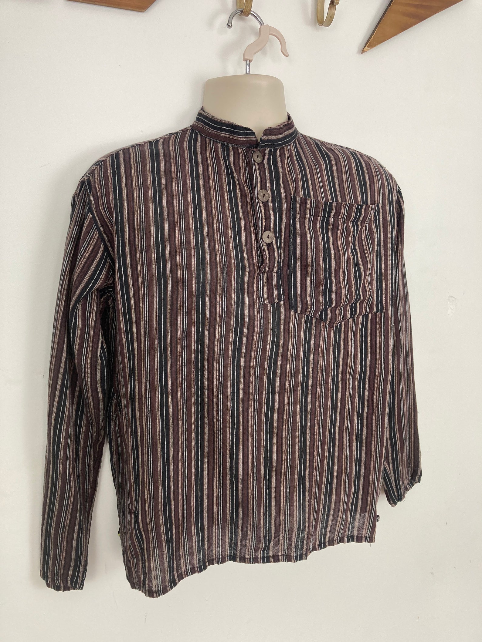 Vintage Grandad Collar Shirt Mens Stripe S-M Cotton | Etsy