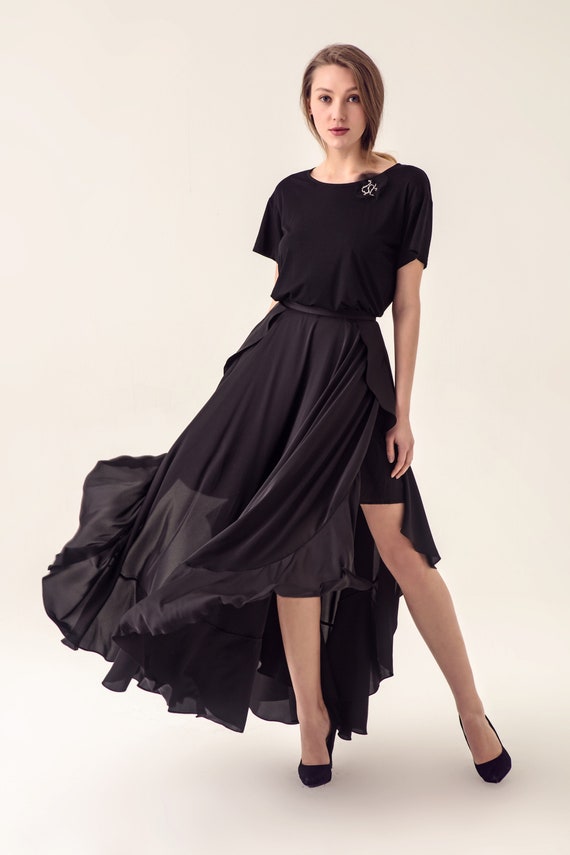 black ruffle maxi skirt