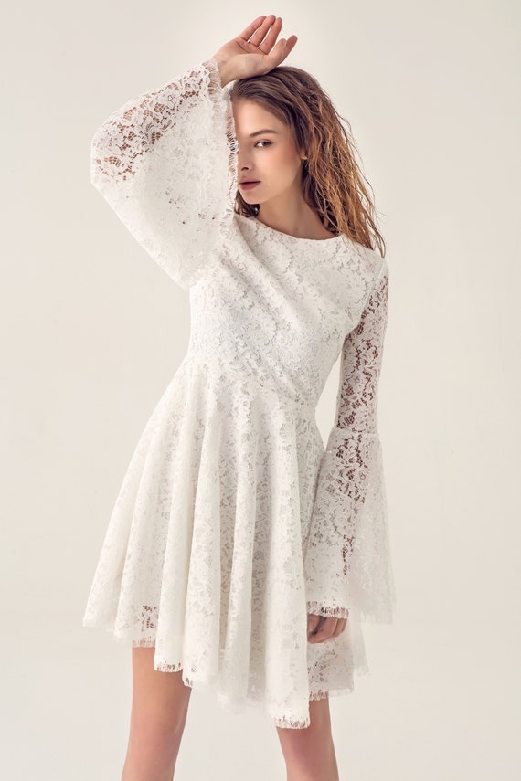 White lace bell sleeve dress Clearance