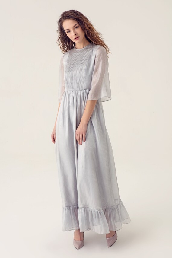 silver maxi dress with sleeves