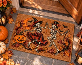 Halloween Doormat, Dancing Skeleton Coir Door Mat, Vintage Halloween Porch Decor, Skeleton Couple Welcome Mat, Fall Front Door Decor
