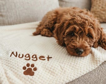 Personalised Waffle Pet Blanket, Custom Embroidered Dog Cat Name Throw