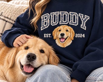 Custom Pet Portrait Sweatshirt from Photo, Personalized Pet Name Appliqué Embroidery, Dog Cat Mom Gift