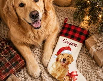 Custom Pet Portrait Christmas Stocking, Personalised Dog Watercolor Stocking, Pet Memorial Christmas Stocking