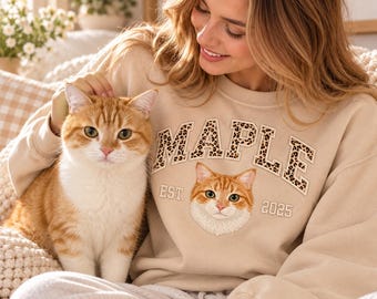 Custom Pet Portrait Sweatshirt, Personalized Pet Name Appliqué Embroidery, Custom Dog Cat Sweatshirt, Pet Mom Gift