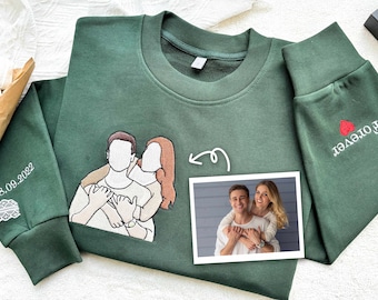 Embroidered Couple Portrait Hoodie, Custom Photo Sweatshirt, Personalized Gift