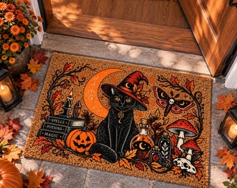 Halloween Black Cat Doormat, Witchy Coir Door Mat, Spooky Cat Fall Porch Decor, Halloween Welcome Mat, Gothic Front Door Decor