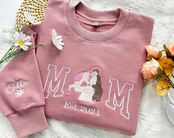 Sudadera con foto para mamá, sudadera bordada personalizada, retrato de mamá e hijos, camiseta universitaria, camiseta bordada personalizada para mamá, mamá y mami.