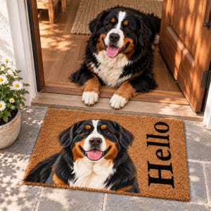 Peut inclure: Un paillasson rectangulaire en fibre de coco marron avec une illustration imprimée d'un bouvier bernois et le mot Hello en lettres noires. Le tapis est posé sur une terrasse en pierre devant une porte où est couché un vrai bouvier bernois.