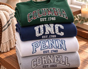 Custom College Sweatshirt, Personalized University Name Applique Embroidered Crewneck, Collegiate Sweatshirt, Graduation Gift