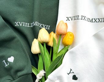 Custom Embroidered Roman Numerals Sweatshirt,Date and Initial Hoodie,Personalized Gift,Anniversary Gift