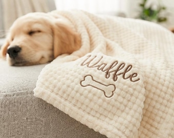 Personalised Waffle Pet Blanket, Custom Embroidered Dog Cat Name Throw