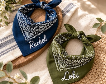 Personalized Embroidered Dog Bandana, Custom Name, Paisley Print, Pet Gift