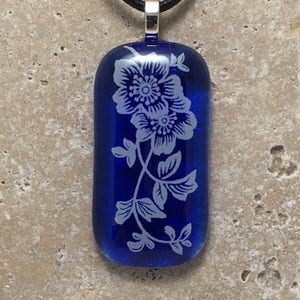 Blue Floral Fused Glass Pendant image 1