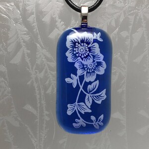 Blue Floral Fused Glass Pendant image 2
