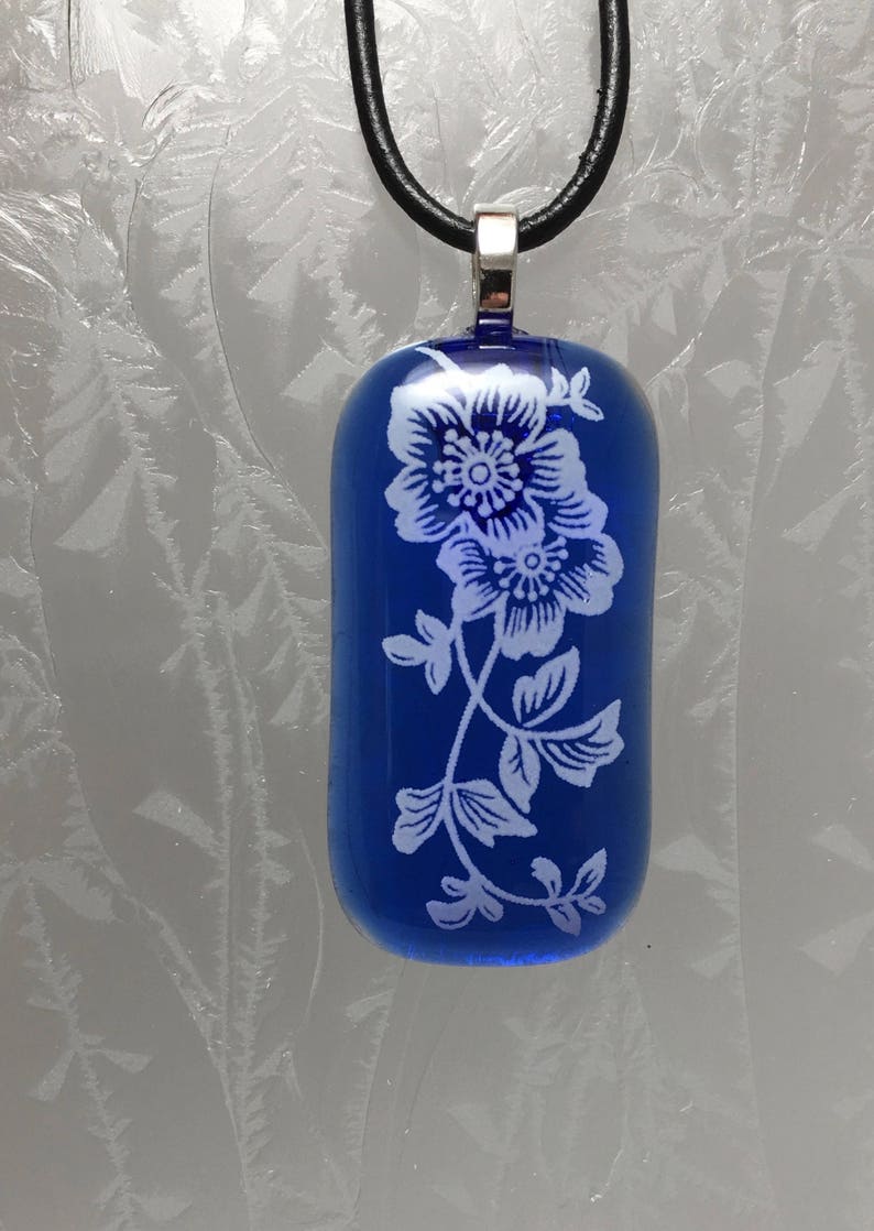 Blue Floral Fused Glass Pendant image 2