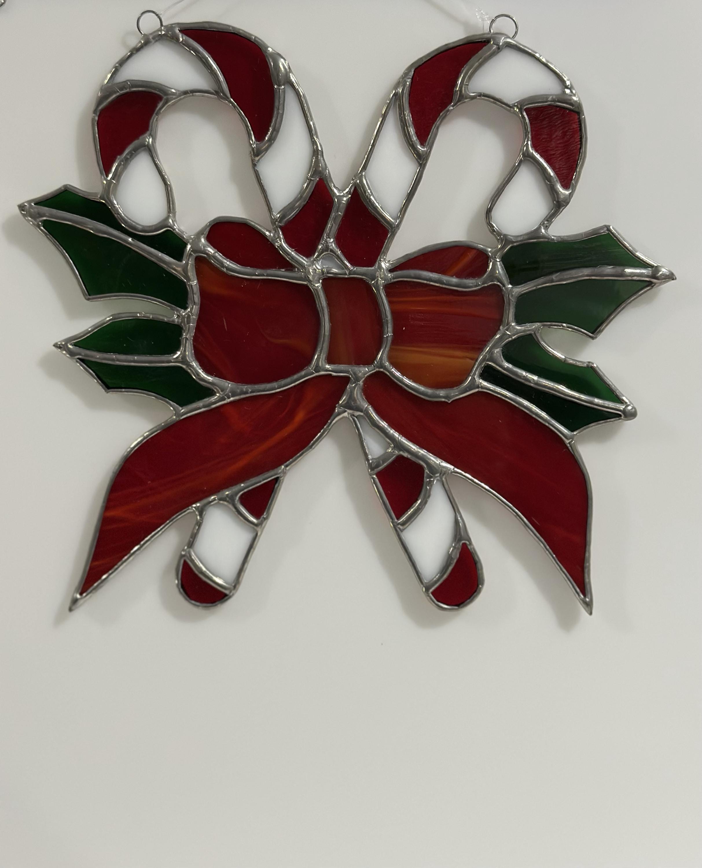 Christmas Stained Glass Suncatcher with Candy Canes- Holly- and Red Bow