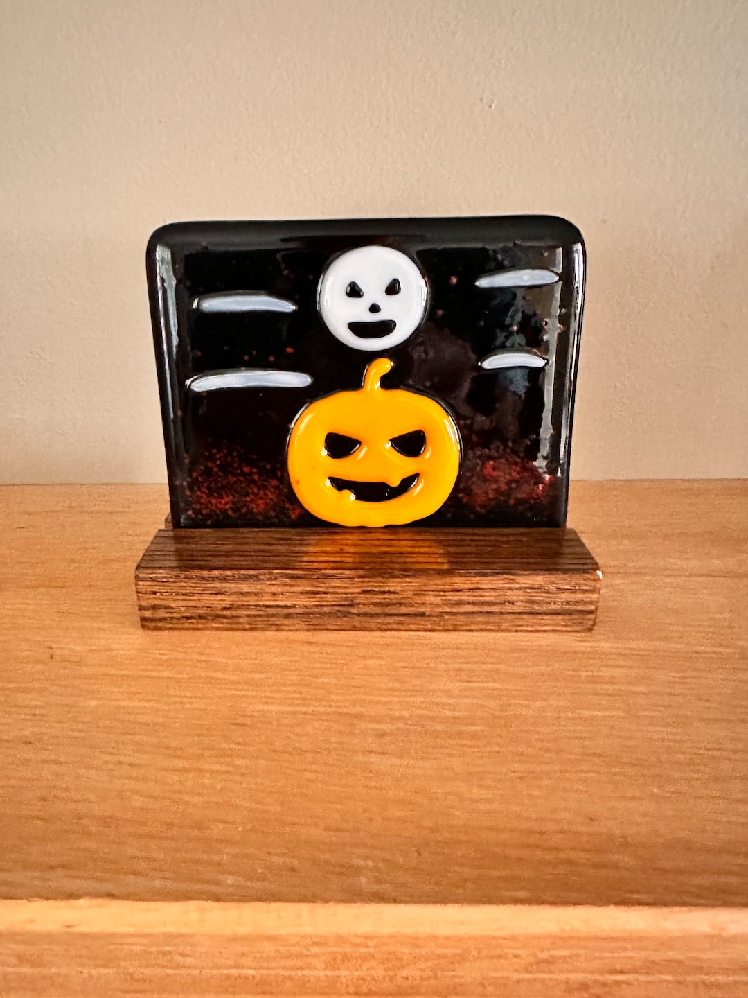 Fused Glass Halloween Jack O Lantern on Oak Wood Base - Etsy