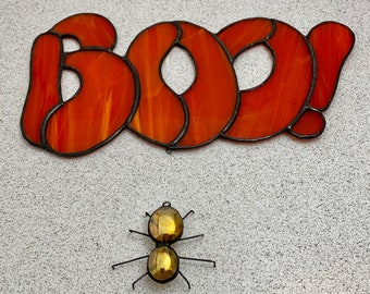 Stained Glass Halloween "BOO" with hanging Spider