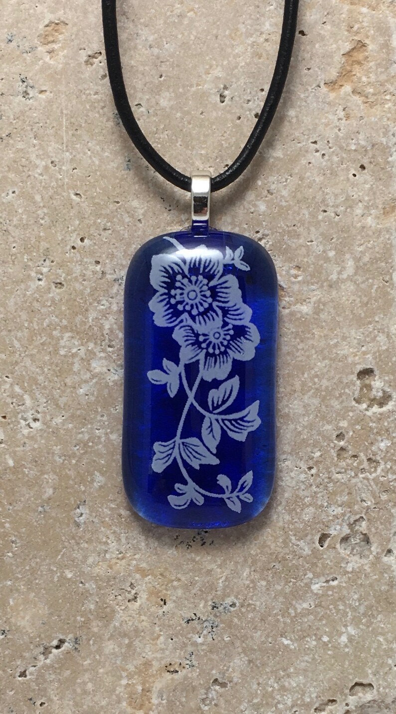 Blue Floral Fused Glass Pendant image 1