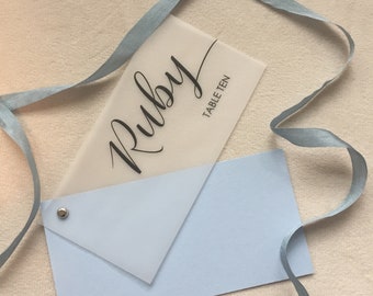 Vellum Place Cards | Wedding Escort Cards | Cardstock Layer and Brad | Vellum Name Cards | Printed Escort Cards | Guest Name Card | Seating