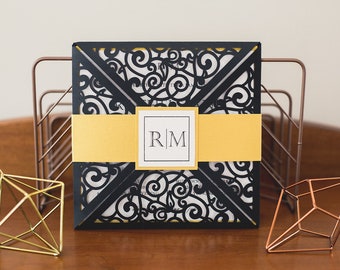 Black and Gold Laser Cut Wedding Invitation | Custom Wedding Invitations | Laser Cut Wedding Invitation | Pocket Invites | Square Invitation