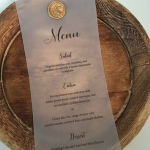Vellum Wedding Menu Wedding Dinner Menu Vellum Menu with Wax Seal Wedding Reception Custom Menu Card Translucent Printed Menu image 3