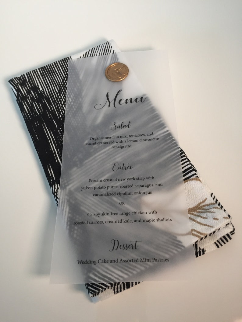 Vellum Wedding Menu Wedding Dinner Menu Vellum Menu with Wax Seal Wedding Reception Custom Menu Card Translucent Printed Menu image 4