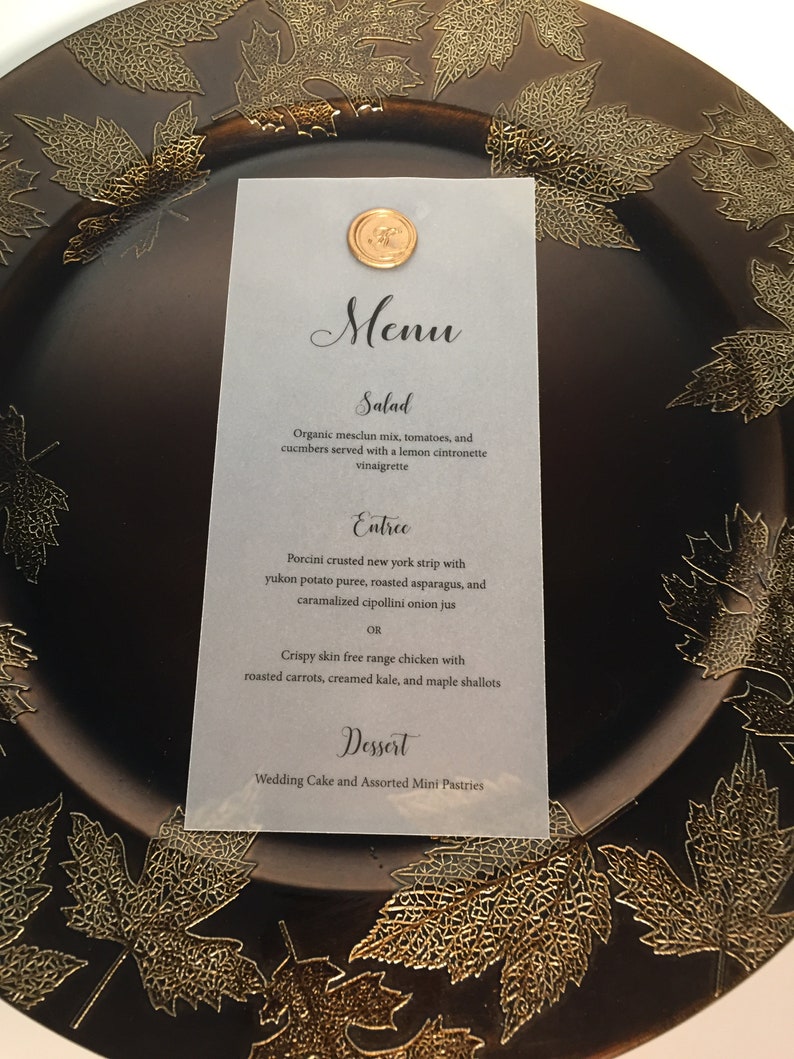 Vellum Wedding Menu Wedding Dinner Menu Vellum Menu with Wax Seal Wedding Reception Custom Menu Card Translucent Printed Menu image 5