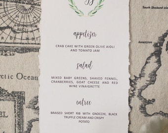 Deckle Edge Wedding Menu | Olive Wreath Crest Menu | Monogram Wedding Menu | Wedding Reception Menu | Handtorn Deckle Edge Paper Menu